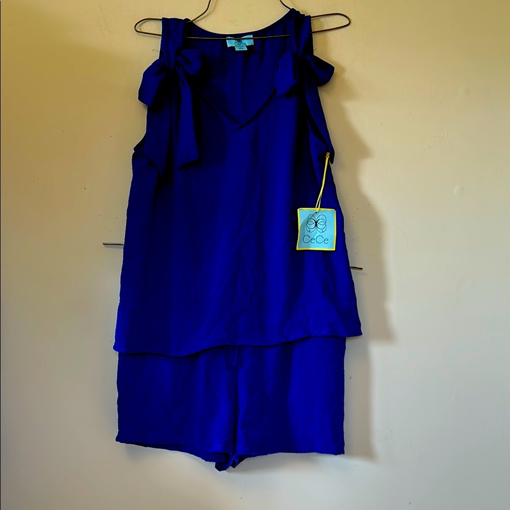 CeCe vibrant blue sleeveless 2-piece short set bows on shoulder new size medium